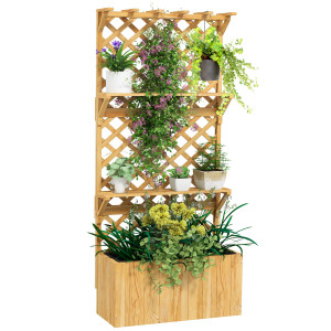 Outsunny Fioriera con Traliccio per Rampicanti, Fori di Drenaggio e 2 Mensole, in Legno di Abete, 76x33x177 cm