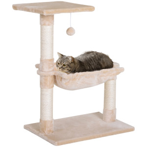 Pawhut Torre per Gatti max 3.6kg con Amaca e Pallina Appesa, in Legno e Peluche, 50x36x70 cm, Beige Aosom
