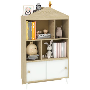 Aiyaplay Libreria per Bambini  in Legno con Ripiani Aperti e Armadietto Inferiore, 80x30x140.5 cm, Bianco e color Legno