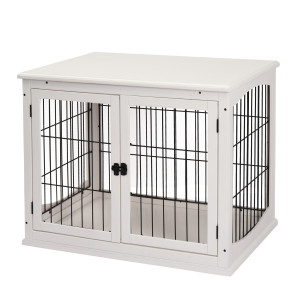 Pawhut Casetta per Cani da Interno, Gabbietta per Animali in Legno e Metallo con Doppia Porta, 58.5x81x 66cm, Bianco Aosom