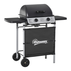 Outsunny Barbecue a Gas con Coperchio e 2 Bruciatori Totali da 5.6kW, BBQ in Acciaio con Ruote e Mensole, 104x49x99cm Nero Aosom