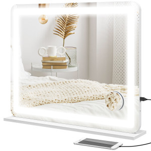 Homcom Specchio per Trucco con LED Regolabili, Ingranditore 10x, Presa USB e Comandi Touch, 80x62x14cm