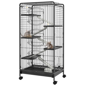 Pawhut Gabbia per Piccoli Animali con Ruote, 5 Rampe e 5 Piattaforme, Ciotola e Bottiglia, 64x43.5x131 cm, Nero