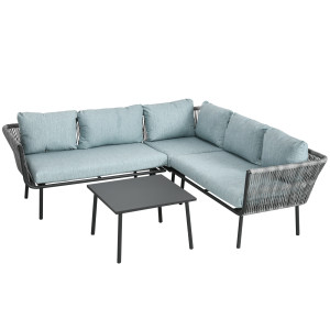 Outsunny Set da Giardino 4 Pezzi in Rattan con Tavolino da Caffè, 2 Divani ad Angolo e Poltroncina, Nero Grigio e Blu Aosom