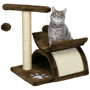Pawhut Tiragraffi per gatto con tunnel,colonna in sisal e palline gioco marrone 40x30x43cm  Aosom