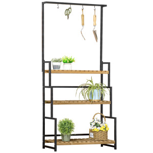 Outsunny Portafiori a 3 Livelli con Ganci Superiori in Legno di Abete e Metallo per Interno ed Esterno, 80x36x174 cm, Nero e color Legno Aosom