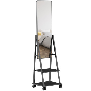 Homcom Specchio Verticale da Terra con 2 Ripiani e 4 Rotelle, in Acciaio e Legno, 42x37x155 cm, Nero