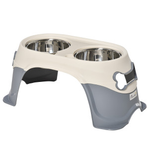 Pawhut Doppia Ciotola per Cani Rialzata in Acciaio Inox e Plastica con Piedini Antiscivolo, 47x25x20 cm, Bianco e Grigio   Aosom Italy