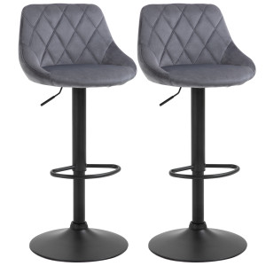 Homcom Set 2 Sgabelli da Bar, Altezza Regolabile con Base in Metallo e Seduta in Velluto, Sgabelli Moderni con Schienale e Poggiapiedi, Grigio Aosom