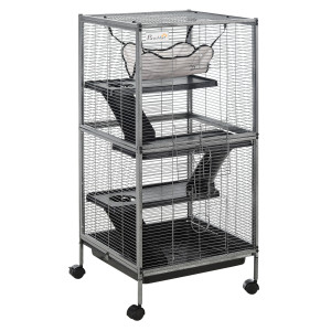 Pawhut Gabbia per animali piccoli o roditori con piattaforma rampa vassoio rimovibile amaca 4 ruote telaio in acciao 52 x 52 x 113.5cm Aosom