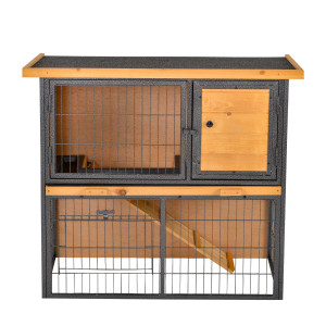 Pawhut Conigliera  da estero o interno in legno  e Metallo su 2 Livelli Gabbia per Conigli con Rampa e Area Aperta, Giallo Chiaro, 89.5x45x81cm Aosom