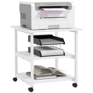 Homcom Carrello salvaspazio Porta Stampante a 3 Ripiani, mobile da ufficio con 4 Ruote, Legno e Acciaio, 50x50x52.5cm, Bianco Aosom Italy
