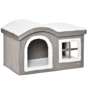 Pawhut Casetta per Gatti da Interno con 2 Entrate e Finestra, Cuscino e Base Antiscivolo, 63.5x37x40cm, Grigio   Aosom Italy