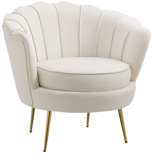 Homcom Poltroncina da Salotto in Velluto con Gambe in Metallo e Schienale a Forma di Conchiglia, Bianco Aosom