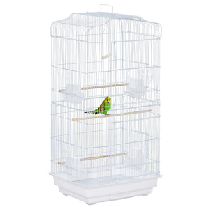 Pawhut Voliera  per Uccelli Gabbie per pappagalli in Metallo e Plastica con Trespoli, Altalena e Ciotole,46.5x35.5x92cm, Bianco Aosom