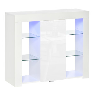 Homcom Credenza Moderna a Anta con Luci LED e Mensole in Vetro, Mobile Multiuso in Legno con Finitura Lucida, 97x35x83cm, Bianco Aosom