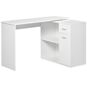 Homcom Scrivania Angolare con Libreria Scaffale in Legno Bianco, Tavolo da Pranzo per Computer Rotazione a 360° Aosom