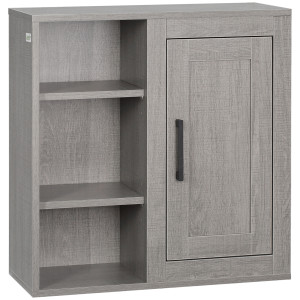 Kleankin Pensile Bagno con 3 Ripiani Aperti e Armadietto in Legno Truciolare, 48x20x50cm, Grigio Aosom