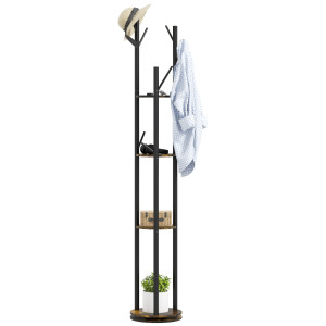 Homcom Appendiabiti da Terra Girevole con 8 Ganci e 4 Mensole in Stile Industriale, Ø30x175cm, Marrone