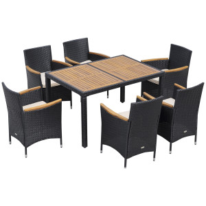Outsunny Set Tavolo e Sedie da Giardino 7 Pezzi in PE Rattan e Legno, Mobili da Esterni con Cuscini Morbidi, Nero Aosom