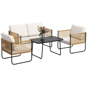 Outsunny Set da Giardino 4 Pezzi in Rattan e Acciaio con Divanetto, 2 Poltrone da Esterno e Tavolino Basso, Multicolore