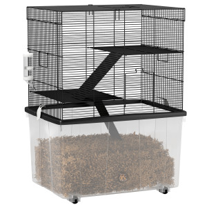 Pawhut Gabbia per Criceti 3 Piani con Ruote, 2 Piattaforme, Rampe, Ciotola e Bottiglia, 58x43x74 cm, Nero