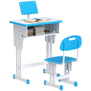 Homcom Banco Scuola per Bambini 6-12 Anni ad Altezza Regolabile con Leggio e Mensola, in Acciaio e MDF, Blu
