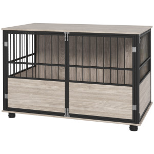 Pawhut Gabbia per cane interna, tavolino, 100 x 60 x 68 cm, nido, 3 porte bloccabili, legno nero