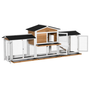 Pawhut Gabbia per Piccoli Animali con Recinto Esterno incl. Rampa Tetto in Asfalto Legno Abete Nero + Bianco + Naturale