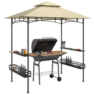 Outsunny Gazebo da BBQ, Gazebo da giardino con 2 ripiani, ceste portaoggetti, ganci, per terrazza, Beige