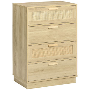 Homcom Cassettiera design bohémien in rattan con 4 cassetti, mobile guardaroba per soggiorno, corridoio, ingresso, legno naturale
