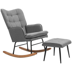 Homcom Poltrona a Dondolo con Poggiapiedi, Comfort fino a 130 kg, Effetto Lino, 64x89x90cm, Grigio Scuro