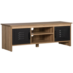 Homcom Mobile TV Banc TV 110 cm Design Industriale, con 2 armadi, 2 nicchie, 2 Passacavi, Aspetto del legno con venature Porte in metallo Nero