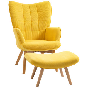 Homcom Poltrona d'Arredo con Pouf, Poltrona Relax in Effetto Corda, Poltrona con Braccioli e Gambe in Legno, per Soggiorno, Giallo