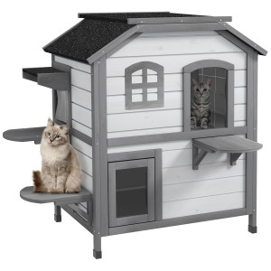 Pawhut Casa per gatti Gattile Grotta per gatti, 2 Piani, resistente alle intemperie, 78,1 cm x 55,2 cm x 90,8 cm, Bianco + Grigio