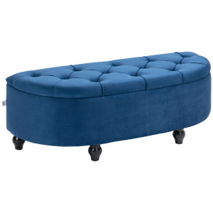 Homcom Pouf di Stoccaggio Contenitore 2 in 1 - Pouf capitonné Semicerchio - Piedi in Legno di Gomma Nera rivestimento Velluto Blu