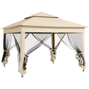 Outsunny Gazebo da giardino pop-up pieghevole 3 x 3 m metallo poliestere impermeabilizzato anti UV zanzariere sacca di trasporto crema