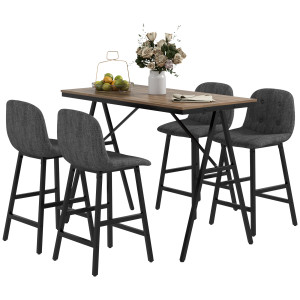 Homcom Set da bar 5 pezzi, Tavolo e 4 Sgabelli, Puntinatura a bottone, Imbottitura spessa, Lino, Grigio scuro