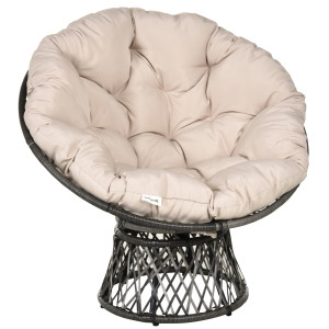 Outsunny Poltrona Papasan Girevole Ø97x90 cm con Cuscino, in Poliestere e Rattan Intrecciato, color Crema