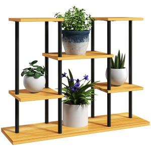 Outsunny Supporto piante interno mensola piante a 6 livelli telaio in acciaio base legno massiccio 80 x 24 x 61,5 cm legno naturale