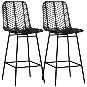 Homcom Set di 2 sgabelli da bar design bohémien altezza 66 cm con poggiapiedi in metallo e rattan PE - nero