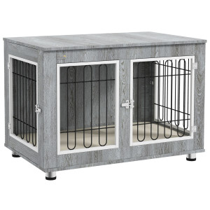 Pawhut Gabbia per cani animali gabbia di cane su piede con cuscino removibile acciaio effetto legno 90 x 58 x 65 cm grigio