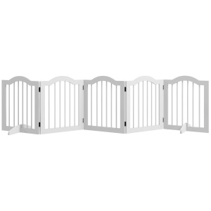 Pawhut Cancello per Cani, 5 Pannelli, pieghevole, flessibile, Legno Massello/MDF, 254,5x29,5x61 cm, Bianco
