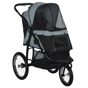 Pawhut Carrello per cani pieghevole con parasole, finestre a rete, cestino portaoggetti, grigio, 111 x 58 x 107 cm