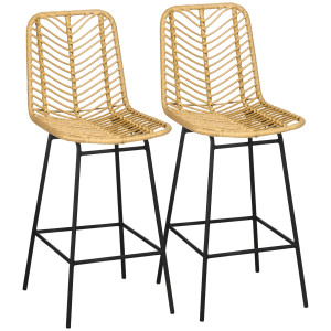 Homcom Set di 2 sgabelli da bar design bohémien Altezza 66 cm con poggiapiedi in metallo e midollino PE - naturale