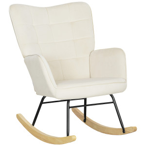 Homcom Poltrona Dondolo, imbottitura spessa, schienale largo, legno di faggio/telaio in acciaio, fino a 120 kg, Beige
