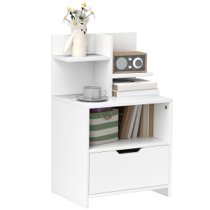 Homcom Comodino tavolino da notte con cassetto, nicchia e mensole di archiviazione effetto legno 45 x 35 x 73 cm bianco