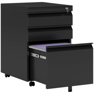 Vinsetto HOMCOM Mobiletto per ufficio con ruote, 3 cassetti bloccabili, 39 x 48 x 60 cm nero
