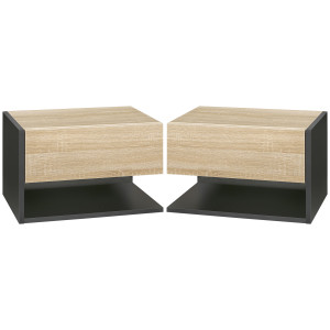 Homcom Set di 2 Comodini da Parete - Set di 2 Comodini da Notte - cassetto Scorrevole, Scaffale, Bicolore Effetto Rovere Nero