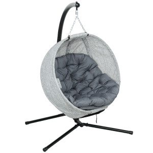 Outsunny Cesto Sospeso a Forma di Uovo, Amaca con Funzione Altalena e Cestino Pieghevole, Sedia da Giardino, Portabicchieri, Grigio